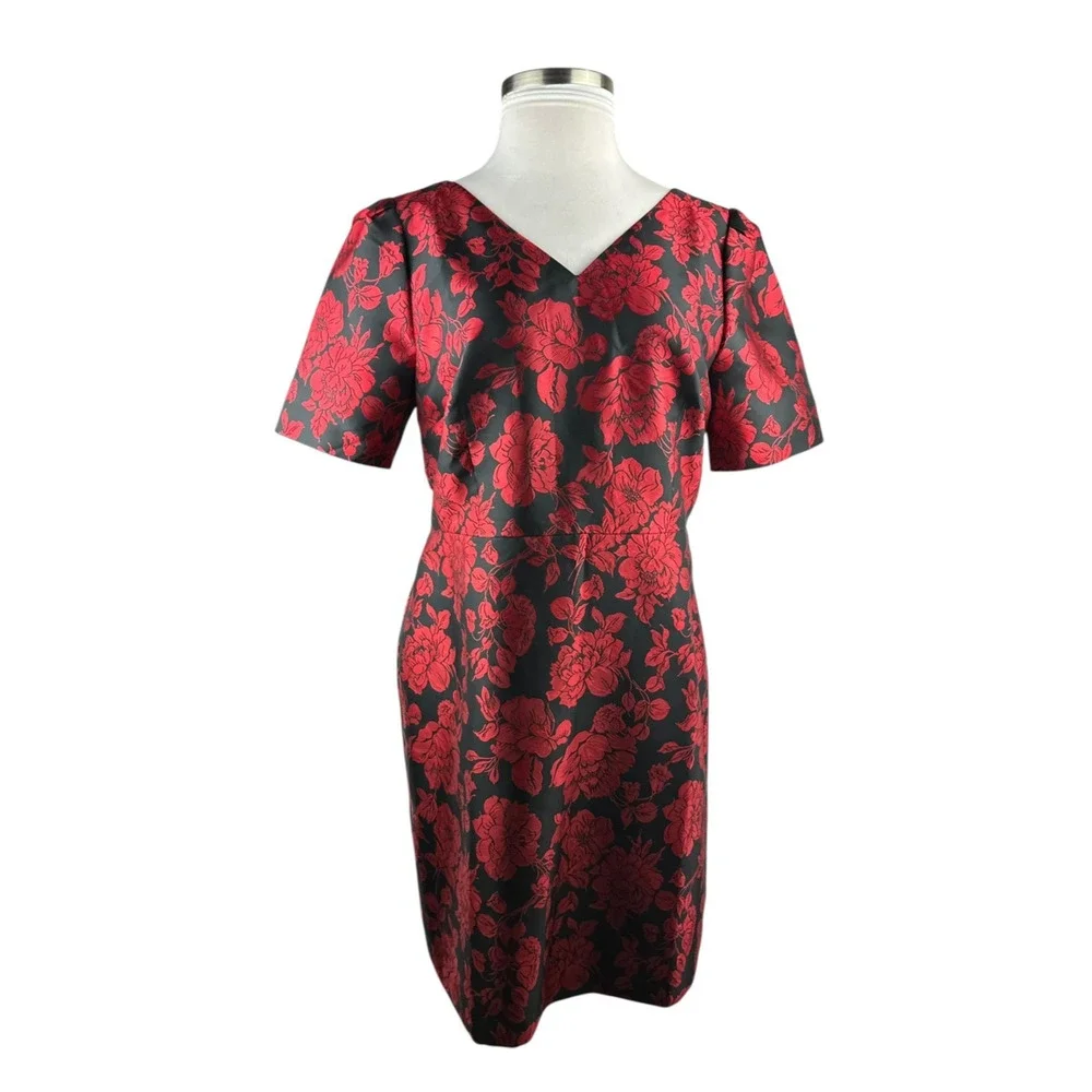 NWT Talbots Back Bow Floral Jacquard A-Line Dress Red Black Lined Zip Size 14 - Picture 15 of 16